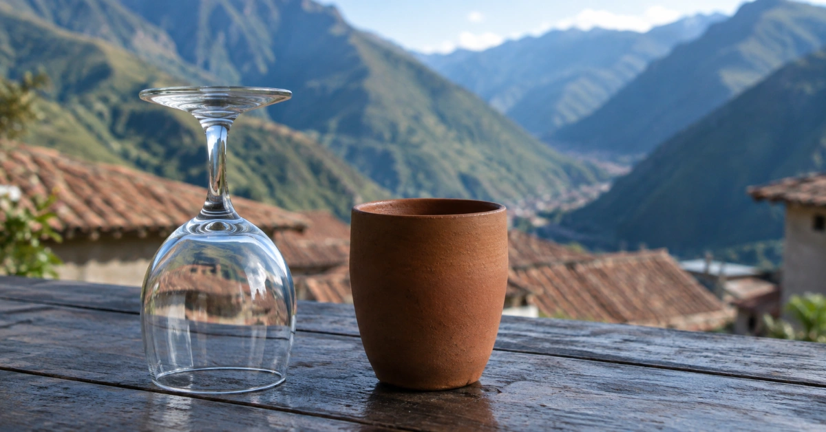 Upside down wine glass on a table above the Cusco rooftops, alcohol after ayahuasca