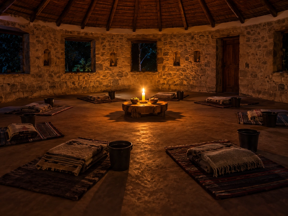 Dark ceremony room with a single candle before an ayahuasca ceremony