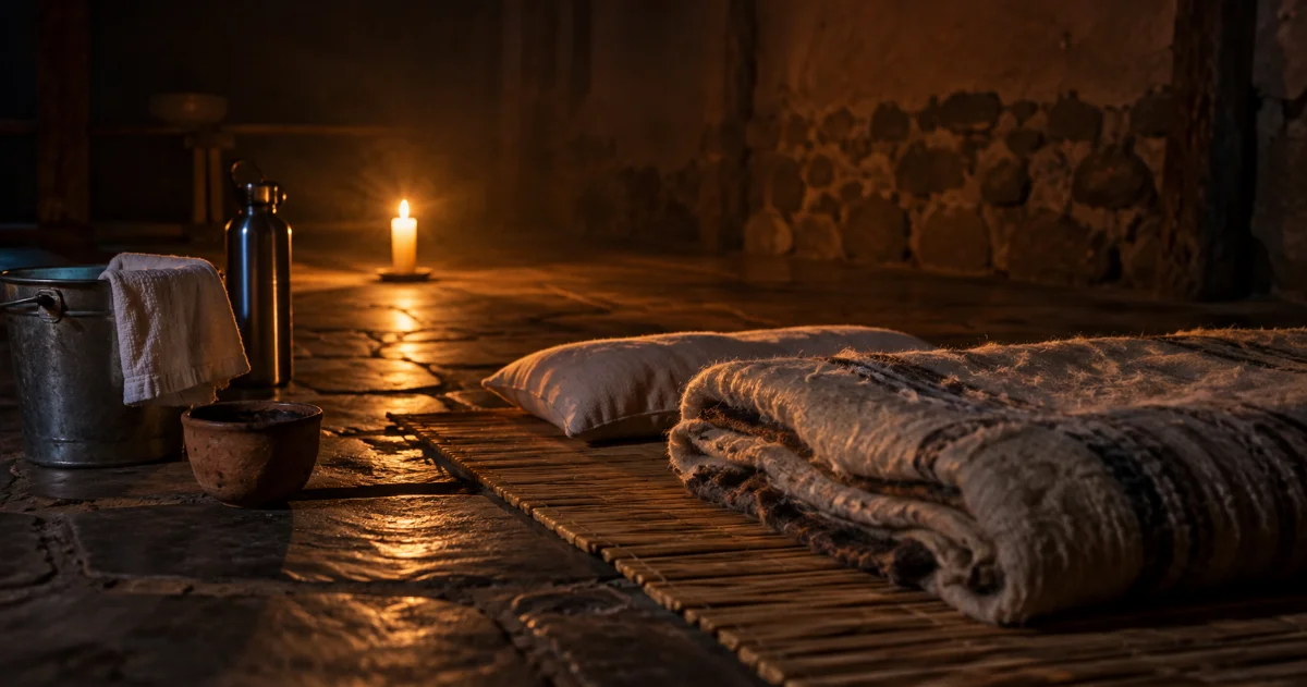 Ceremony mat with alpaca blanket, clay cup and bucket by candlelight, what ayahuasca feels like on night 1
