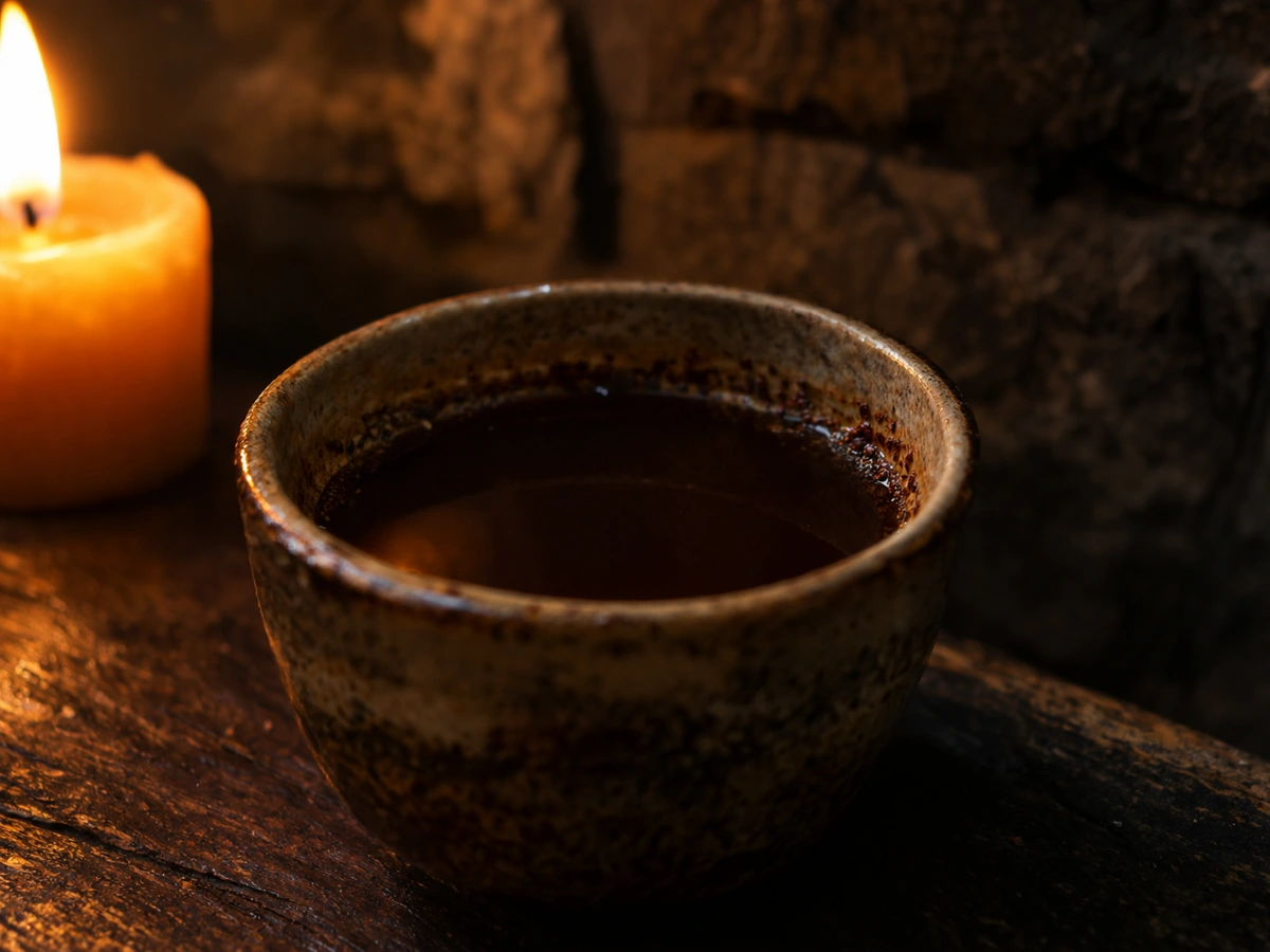 Close-up of a poured ayahuasca cup showing the thick dark liquid guests describe as bitter
