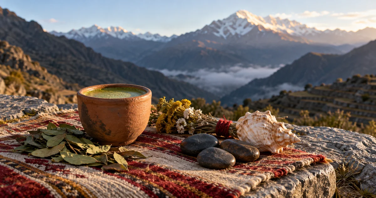 Cup of green San Pedro brew on an Andean textile at dawn, what to expect at a San Pedro ceremony