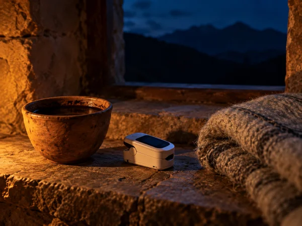 Cup of ayahuasca beside a pulse oximeter and alpaca blanket: the brew, the altitude and the cold