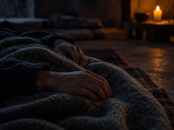 Guest lying under a blanket during the onset of ayahuasca visions