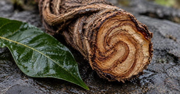 Cut Banisteriopsis caapi vine cross-section with chacruna leaves on wet stone