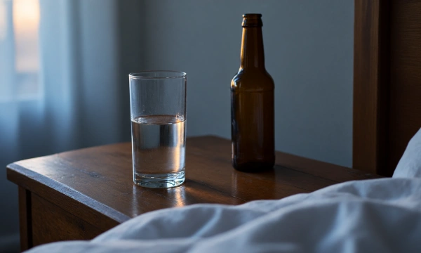 Glass of water beside an unopened beer bottle at dawn, the morning after an ayahuasca ceremony