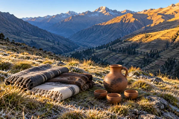 Alpaca blankets on a frosty Andean slope at 7:30 am, the first hour of a San Pedro ceremony
