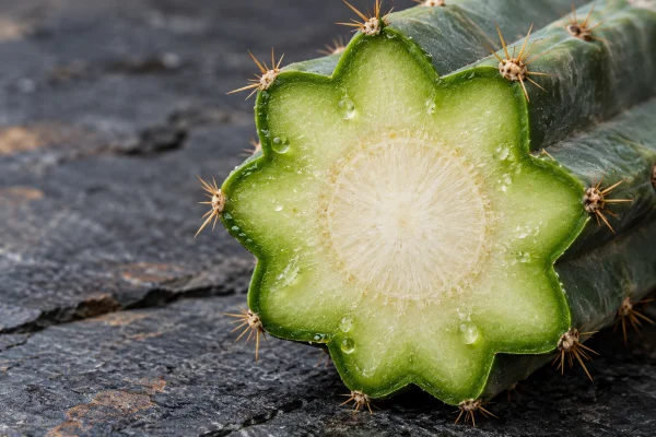 Cut San Pedro stem showing the green outer layer where wachuma's mescaline concentrates