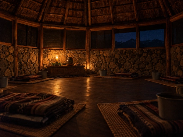 Ayahuasca ceremony maloca set with mats, alpaca blankets and a single beeswax candle