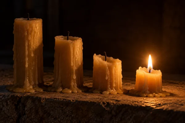 4 beeswax candles burned to different heights, 1 for each of the 4 ayahuasca ceremony nights