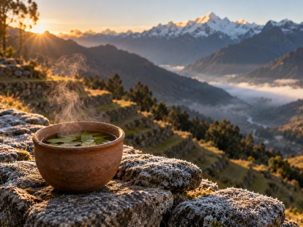 Coca tea at sunrise on a stone terrace during altitude acclimatization at 2,900 meters