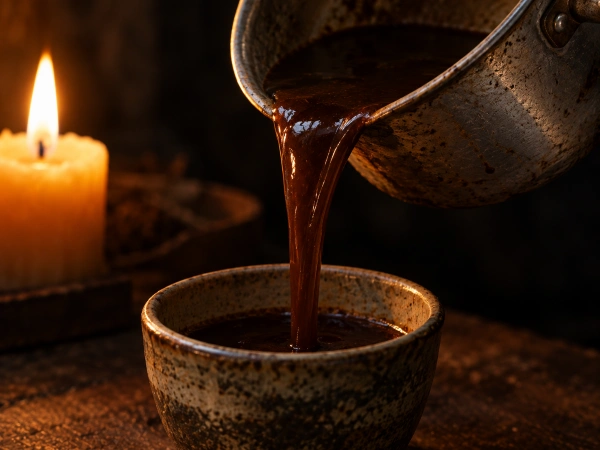 Thick ayahuasca brew poured in a slow stream, showing the syrupy consistency