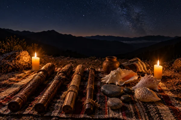 Candlelit night altar with staffs and shells, an illustration of a northern Peru huachuma mesa