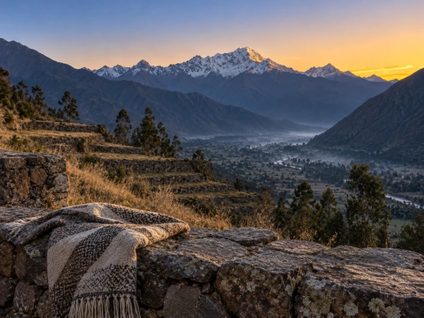 Dawn over the Sacred Valley from a stone terrace after a night ayahuasca ceremony in Peru
