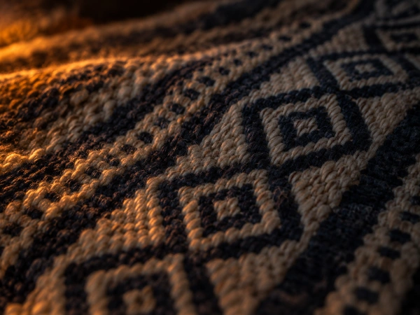 Geometric weave in a wool blanket, echoing patterns seen in ayahuasca visions