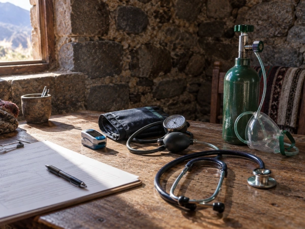 Pulse oximeter, blood pressure cuff and oxygen at a Peru ayahuasca retreat screening room