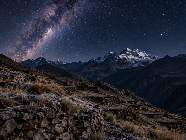 Andean mountains and old stone terraces at night, where altitude changes how ayahuasca feels