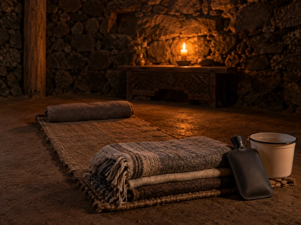 Alpaca blankets and hot water bottle at a ceremony mat for cold Andean nights