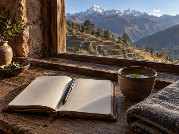 Blank journal and coca tea by a cabana window, the start of ayahuasca integration work