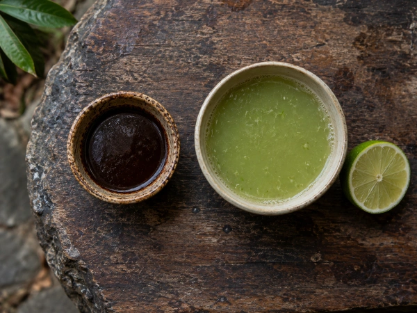 Dark ayahuasca cup beside a green San Pedro cup, the 2 bitter cups served in one week