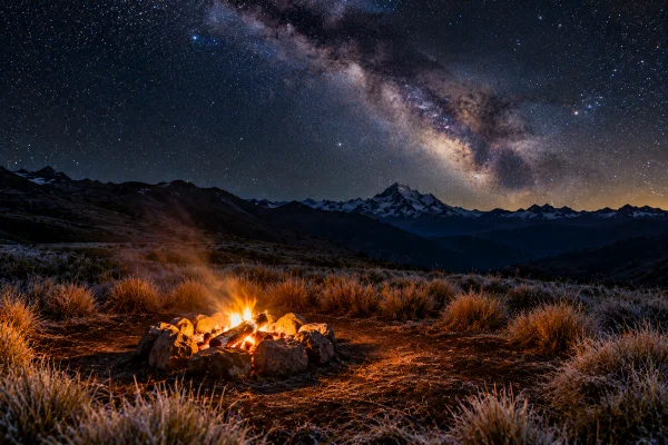 Stone fire ring under stars on a frosty Andean plain, a night San Pedro ceremony format