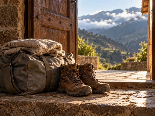 Hiking boots and a packed bag by a doorway, the days after an ayahuasca retreat