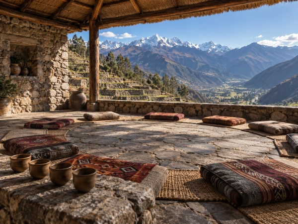 Empty integration circle on a stone terrace overlooking the Peruvian Sacred Valley