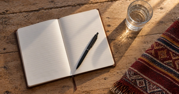 Journal, water and an Andean blanket on a wooden table during ayahuasca integration