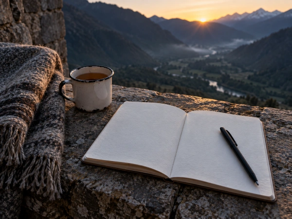 Journal and pen at dawn, integrating ayahuasca visions after ceremony