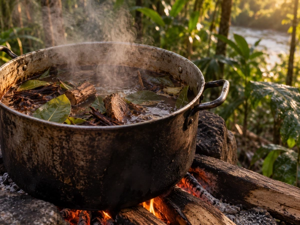 Caapi vine and chacruna reducing in an open pot, the cook that sets the taste