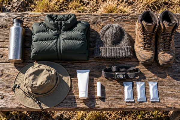 Water bottle, down jacket, sun hat and sunscreen laid out for a San Pedro ceremony at altitude