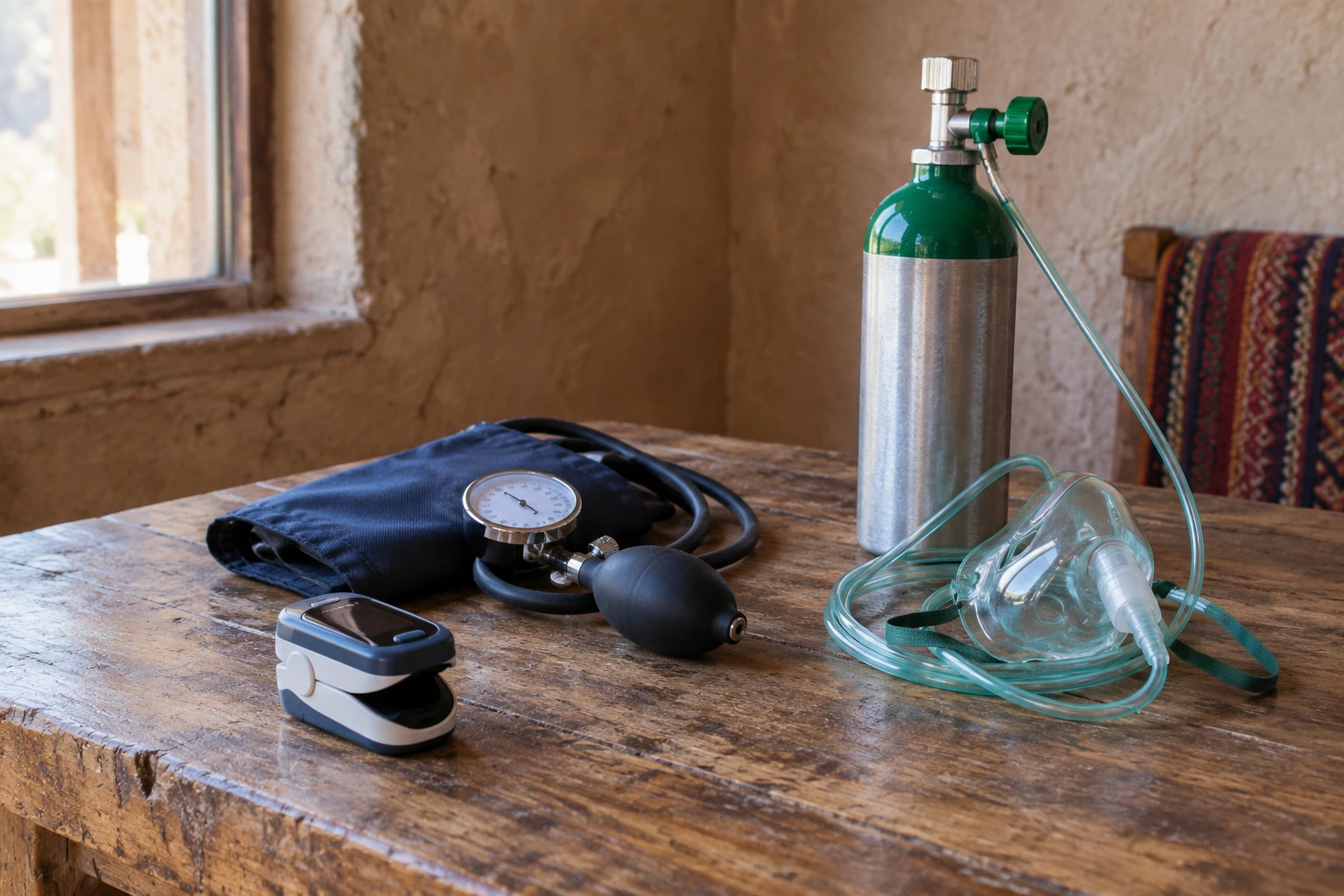 Pulse oximeter, blood pressure cuff and oxygen used for altitude checks at a Cusco ayahuasca retreat