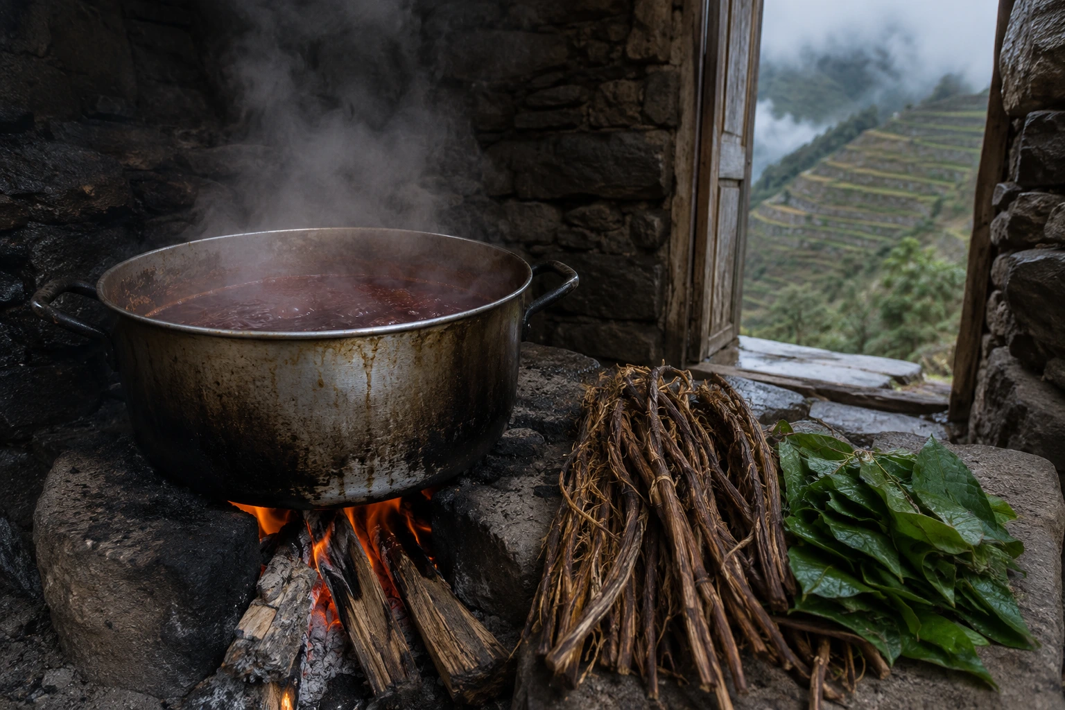 Ayahuasca brew reducing over a fire at 2,900 meters, where water boils near 90 degrees Celsius