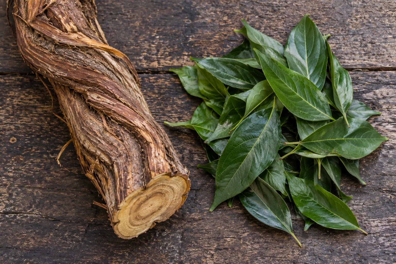 Banisteriopsis caapi vine and chacruna leaf, the only 2 ingredients in a transparent ayahuasca brew
