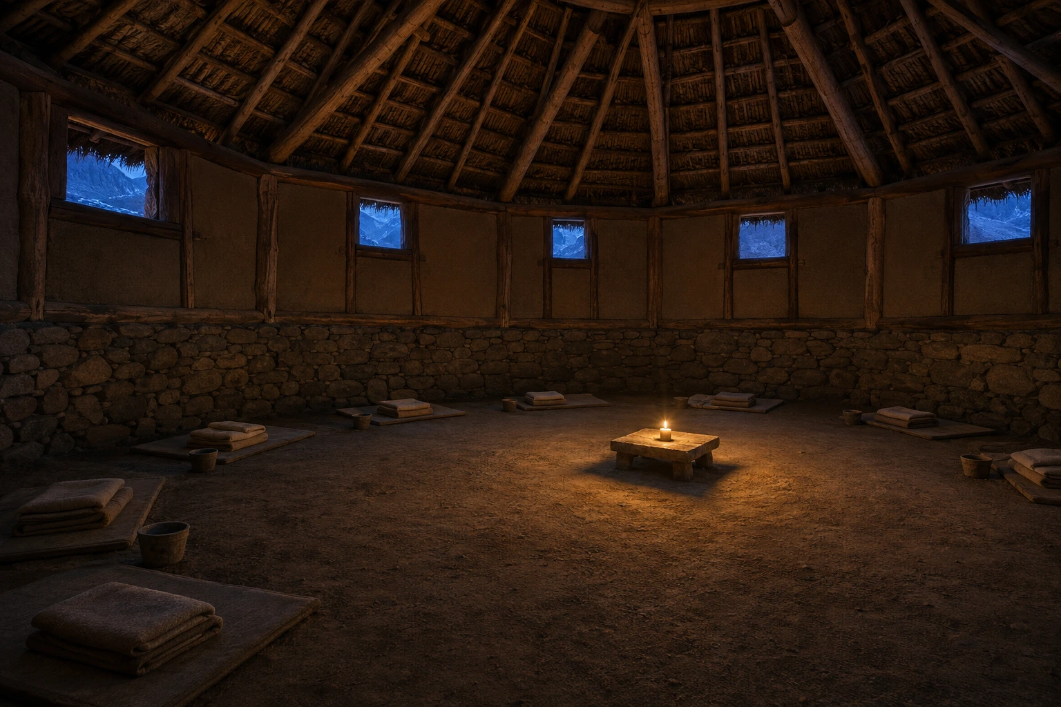 Mats and one candle inside the stone maloca before an ayahuasca ceremony begins at 8pm