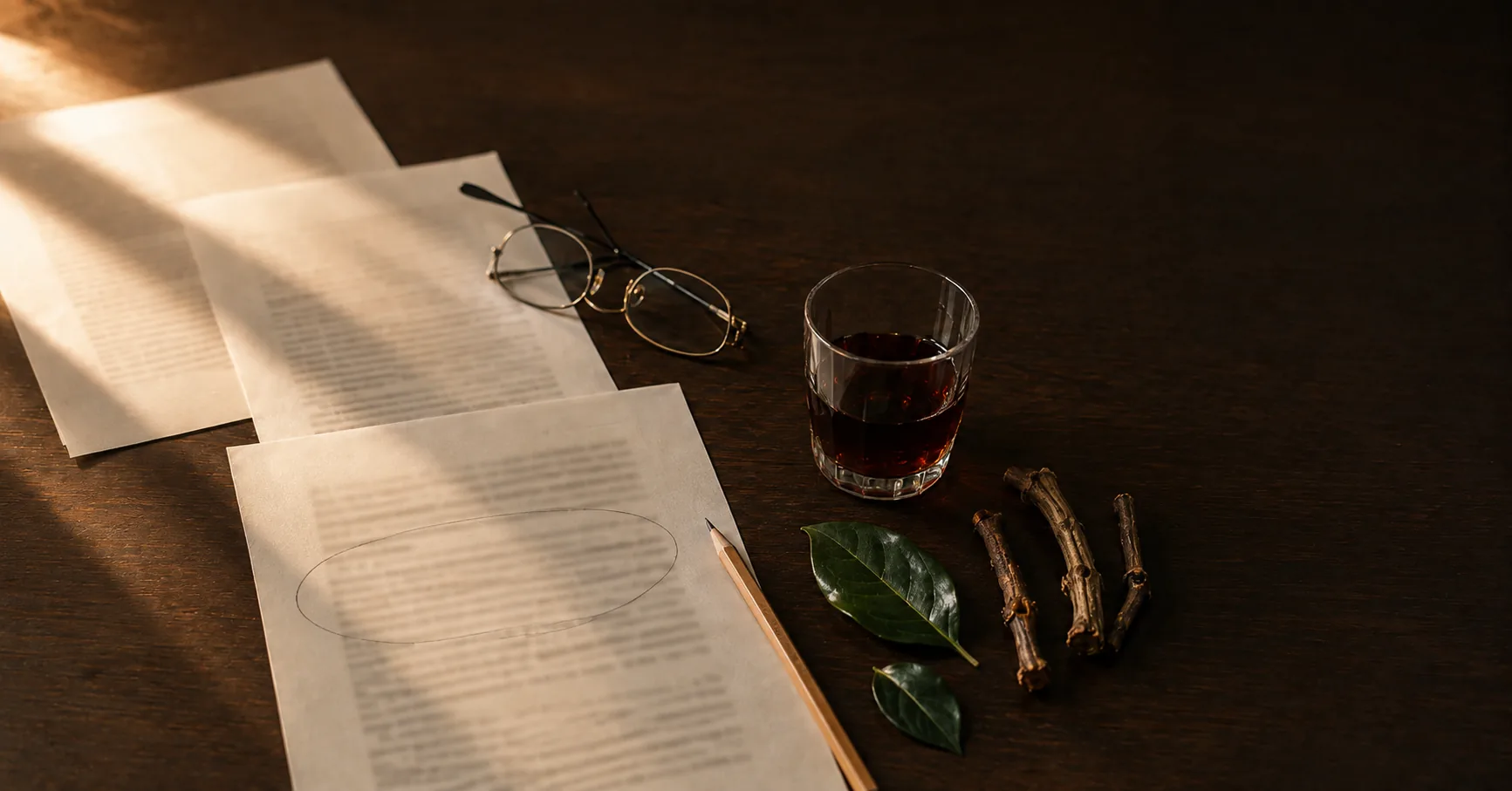 Ayahuasca and depression research paper with a circled passage beside vine segments and leaves