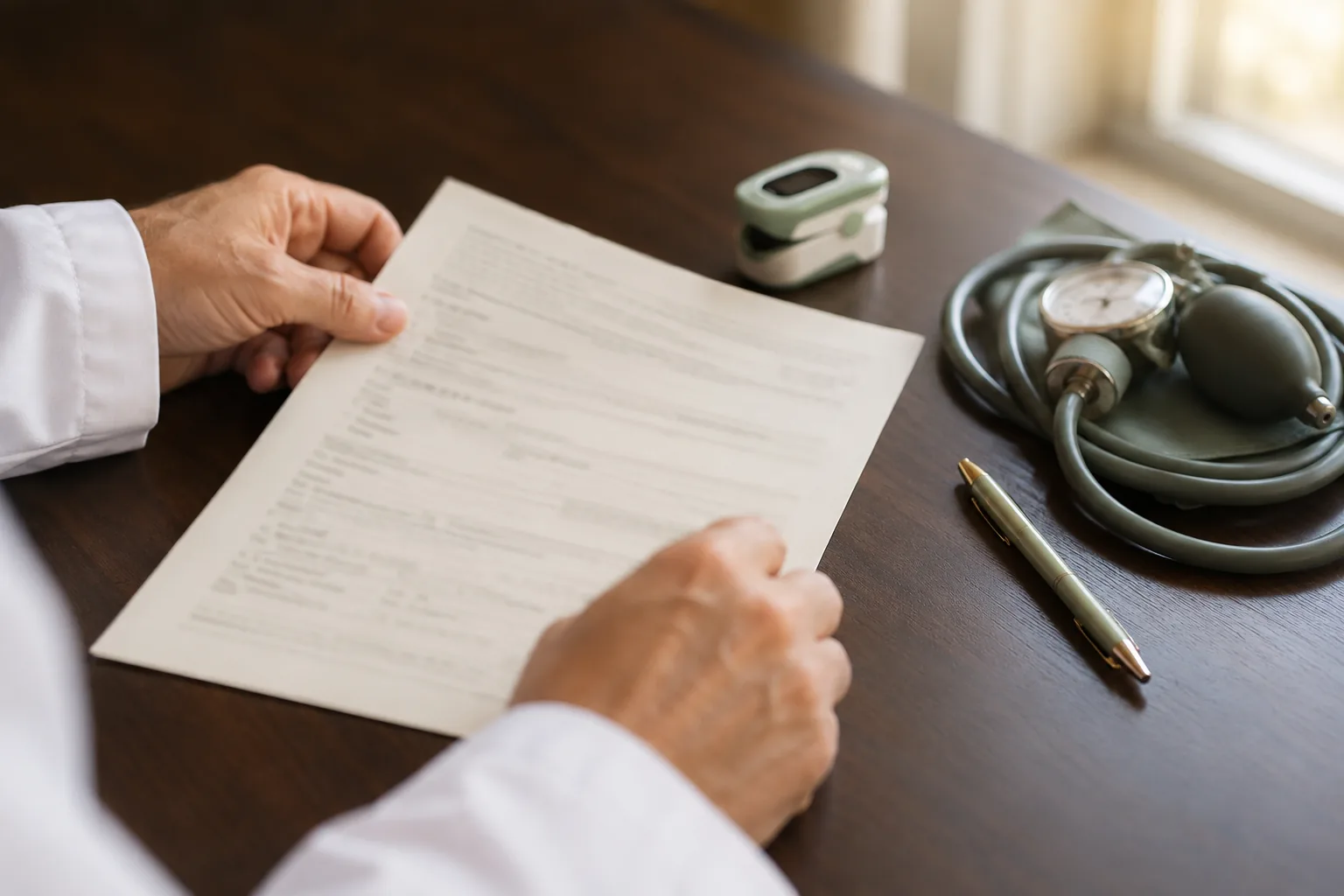 Physician reviewing an ayahuasca retreat medical intake form with a pulse oximeter and blood pressure cuff