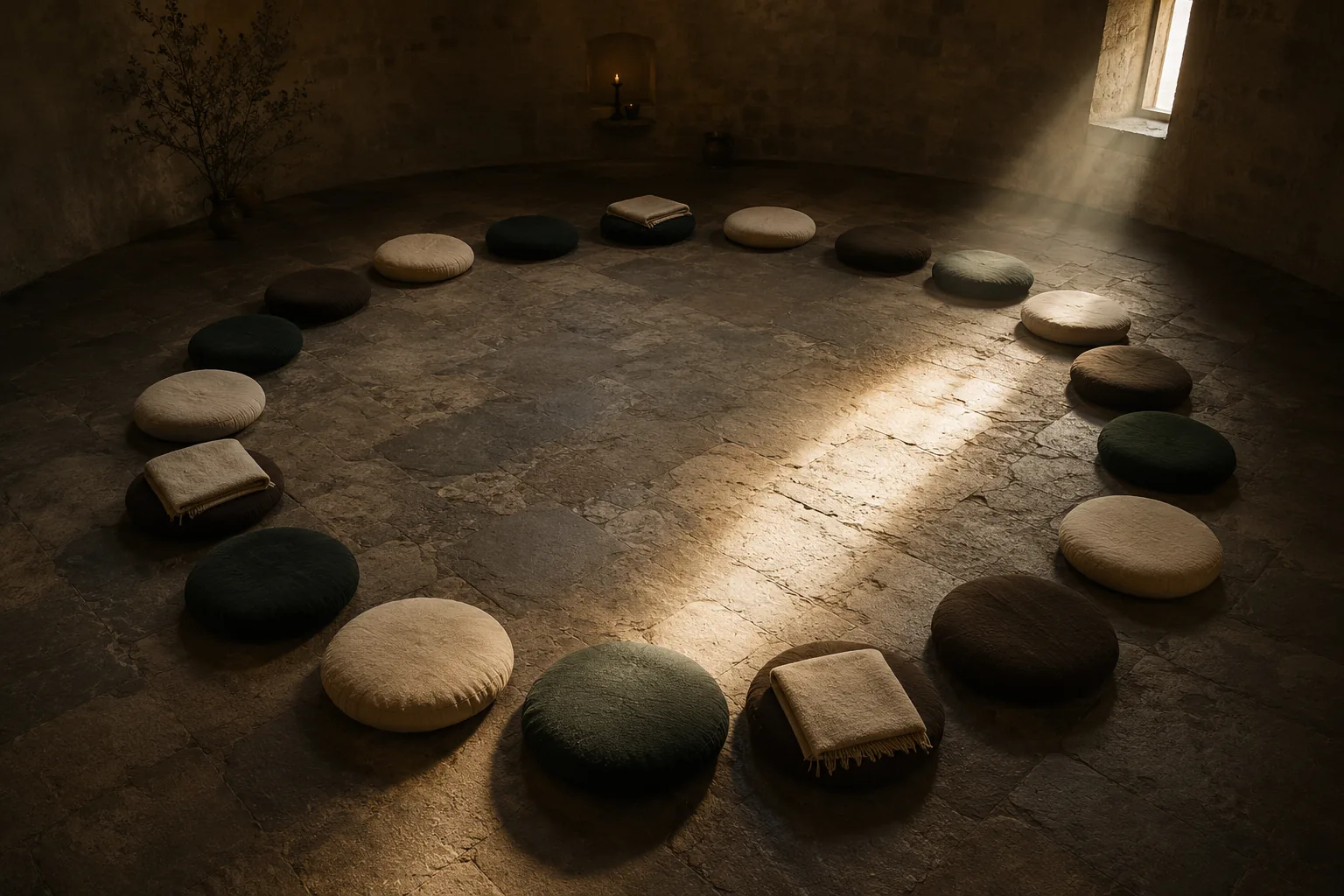 Mostly empty circle of floor cushions illustrating dropout in the ayahuasca depression study