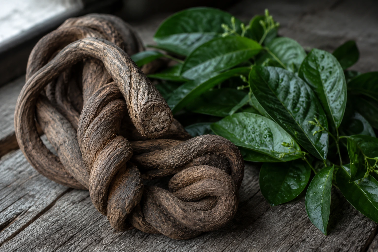Ayahuasca vine and chacruna leaves, the two plants behind the 4 to 6 hour ayahuasca timeline
