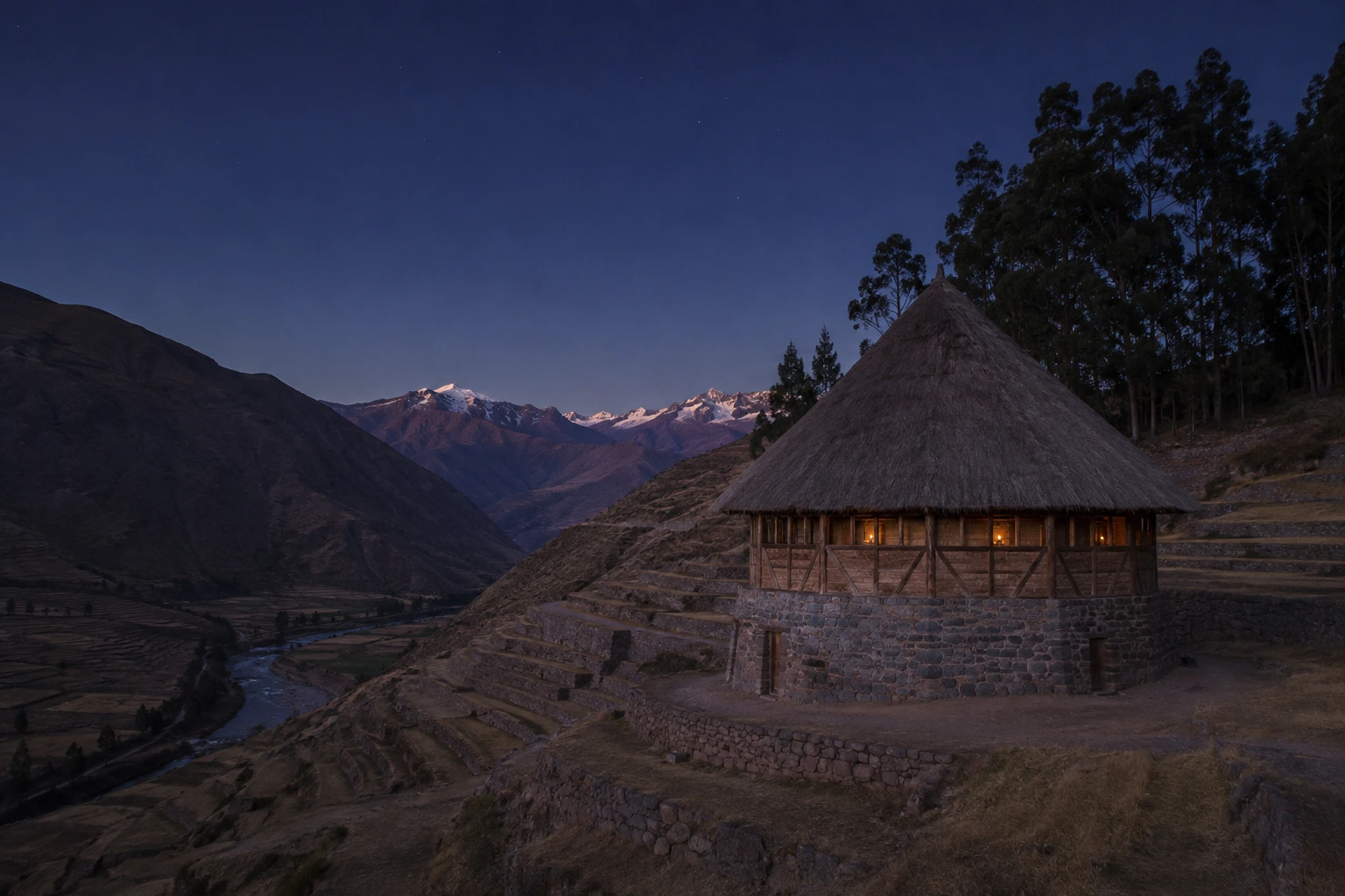 Stone maloca at dusk in Peru's Sacred Valley where an ayahuasca ceremony lasts about 7 hours