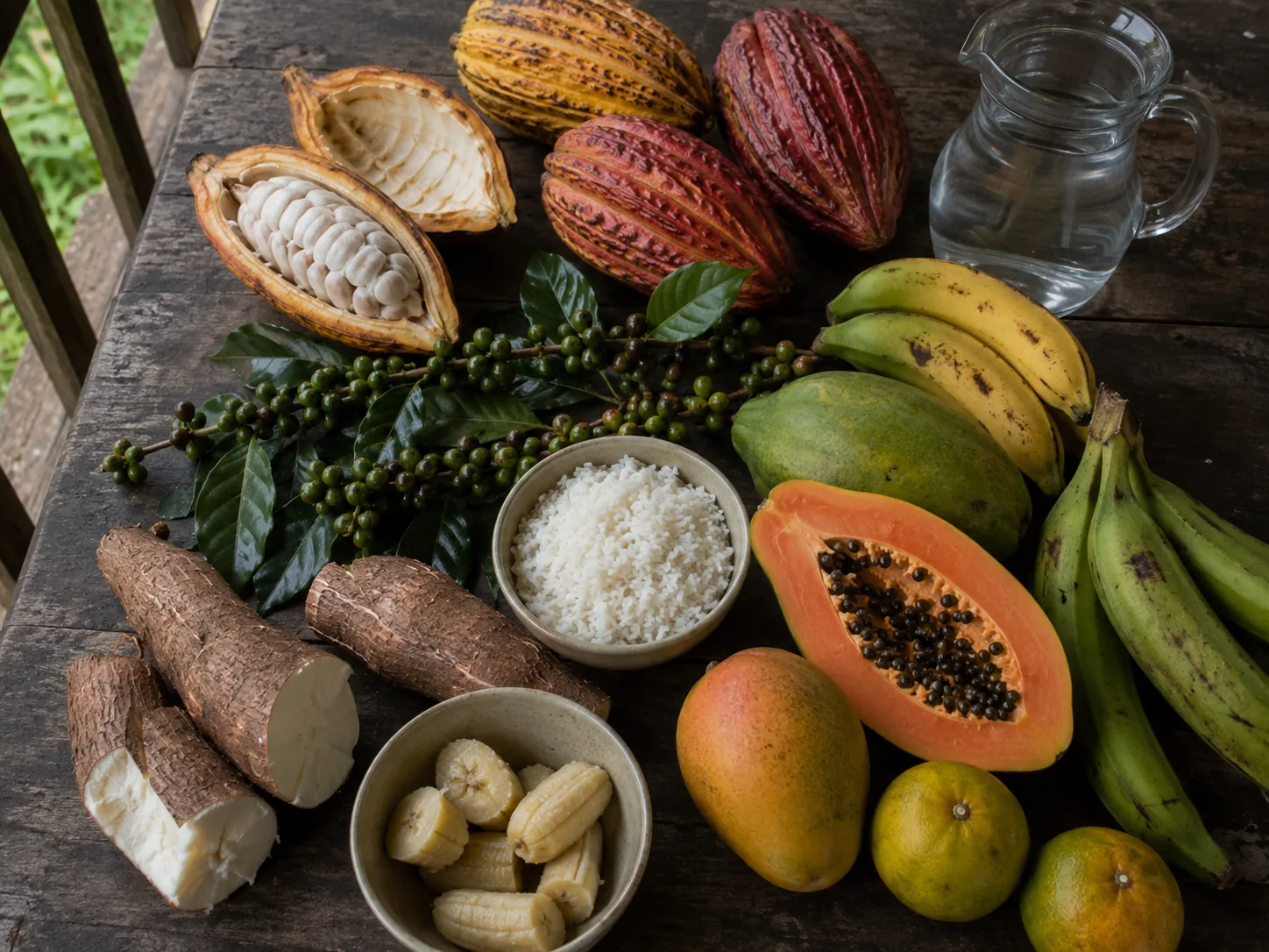 Dieta kitchen produce with local cacao pods and coffee at a Quillabamba ayahuasca retreat in La Convencion