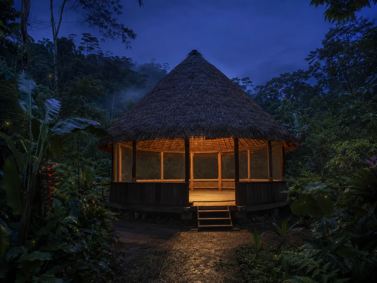 Open sided thatched maloca ceremony house at dusk at a Quillabamba ayahuasca retreat center in the high jungle
