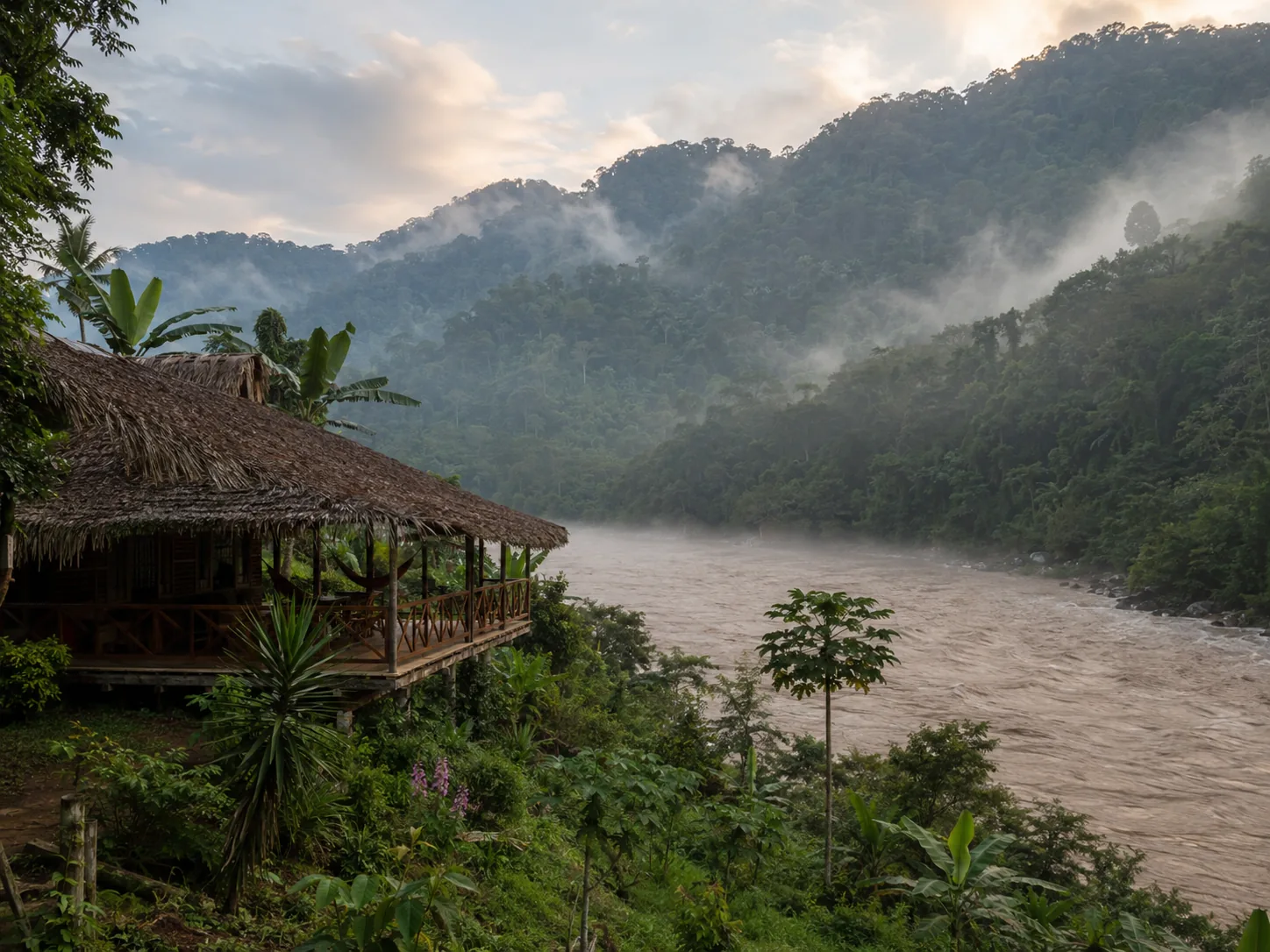 Quillabamba ayahuasca retreat center on the Urubamba river in the high jungle of La Convencion at dawn