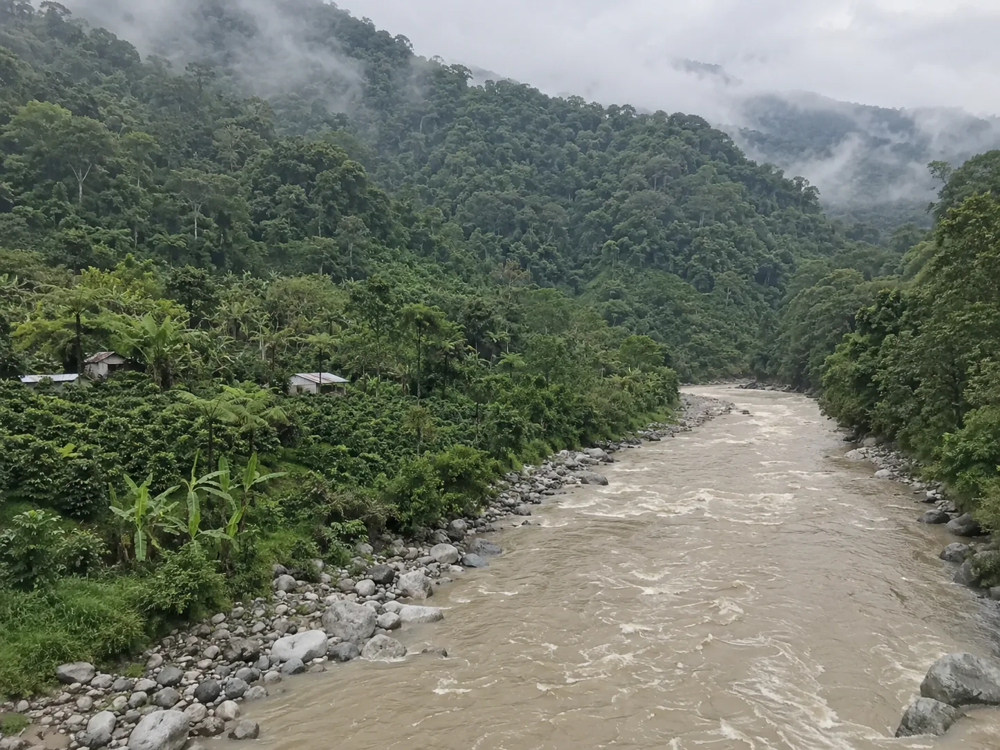 Urubamba river below Quillabamba with forested ridges and coffee terraces in La Convencion, Peru