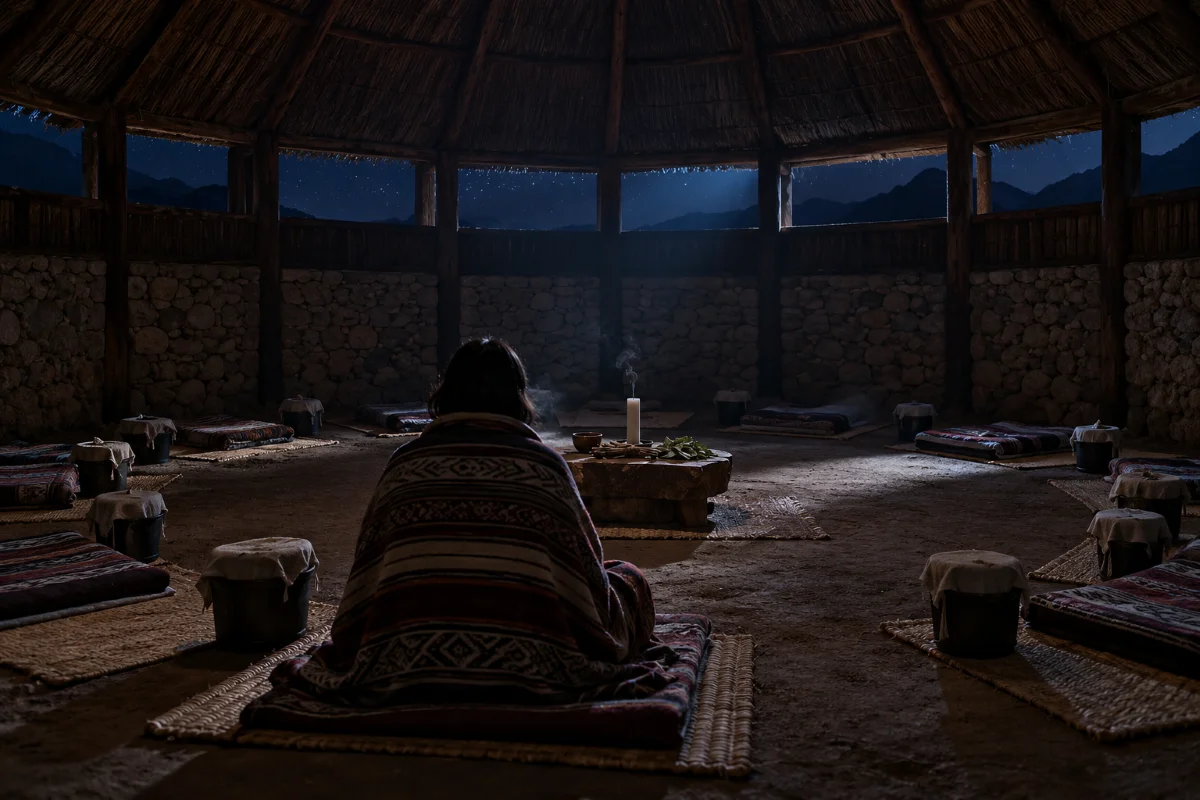 Octagonal stone maloca at 2,900 metres at night, mats and alpaca blankets set for ceremony