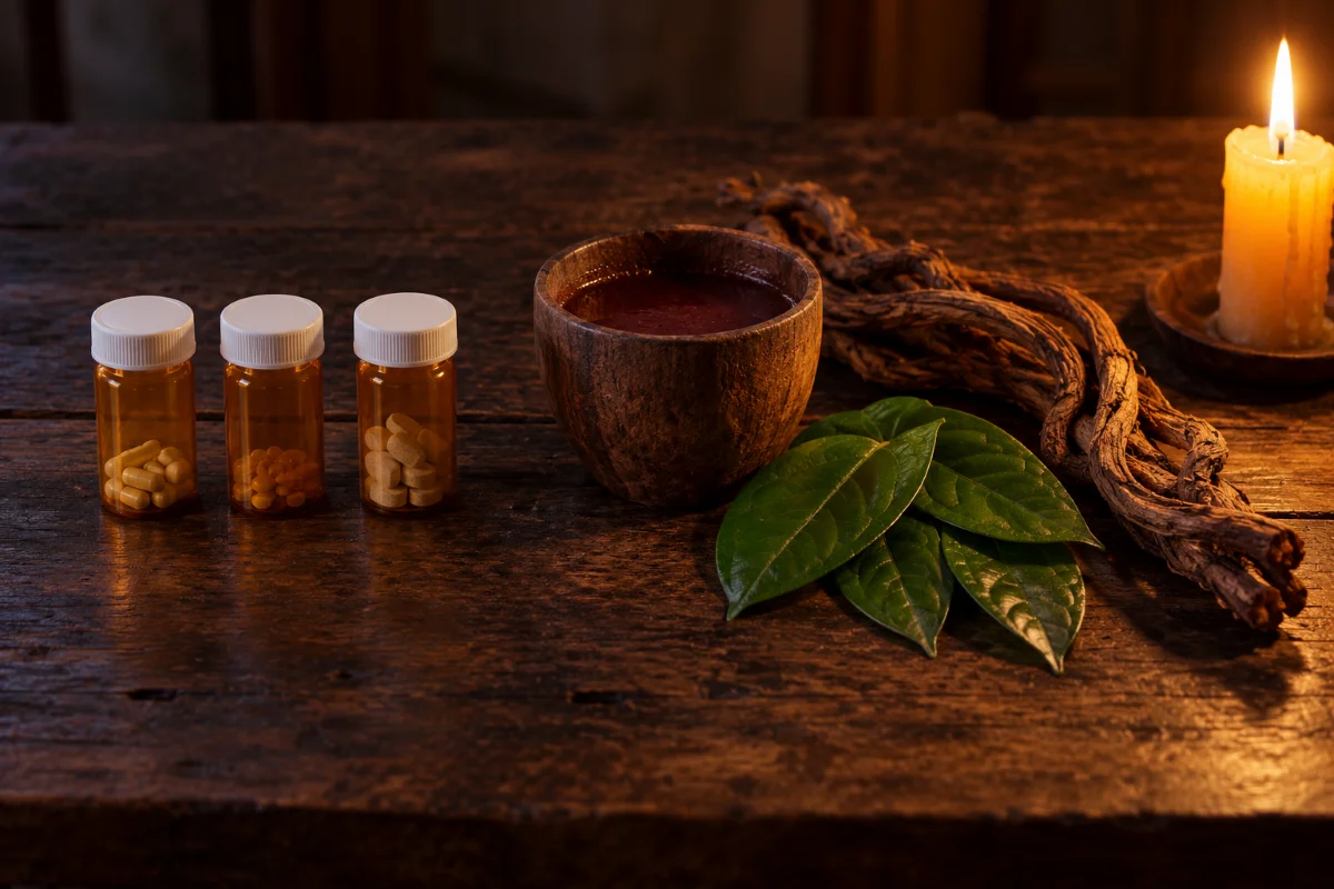 Ayahuasca for OCD: 3 aligned pill bottles beside a cup of ayahuasca brew and caapi vine by candlelight