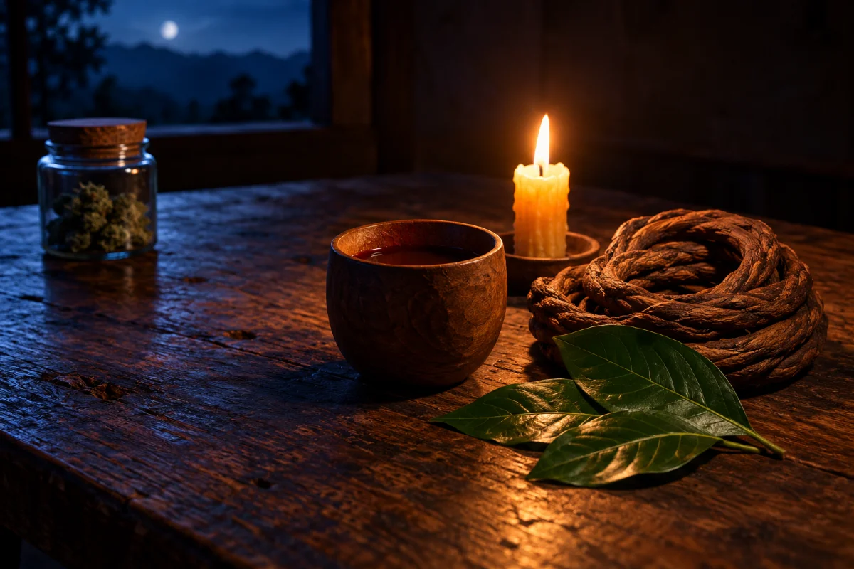 Ayahuasca for weed addiction: a cup of ayahuasca brew by candlelight, a closed jar of cannabis pushed aside