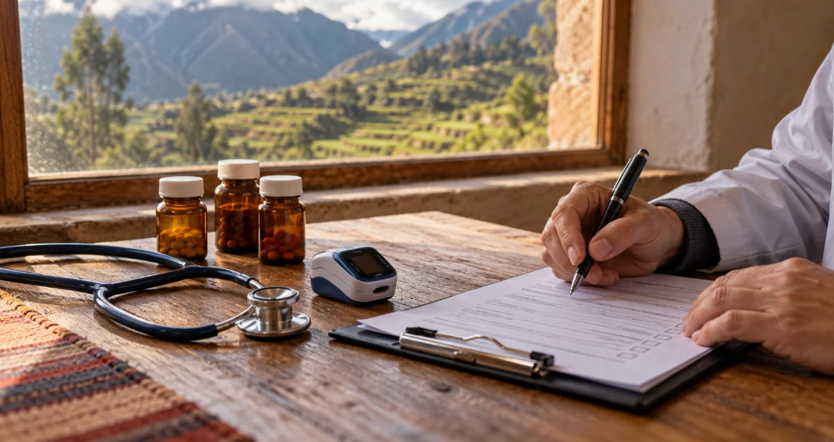 Physician's hands reviewing a medication checklist before an ayahuasca retreat, Andean terraces outside