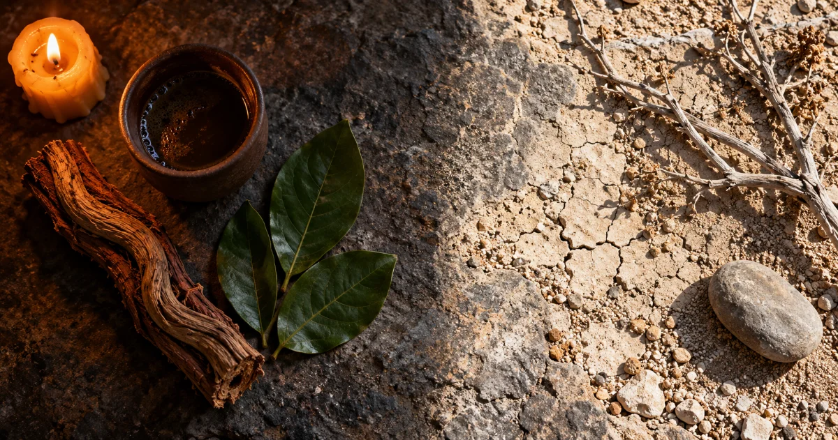 Ayahuasca cup in candlelight beside sunlit Sonoran desert stone, ayahuasca vs Bufo comparison