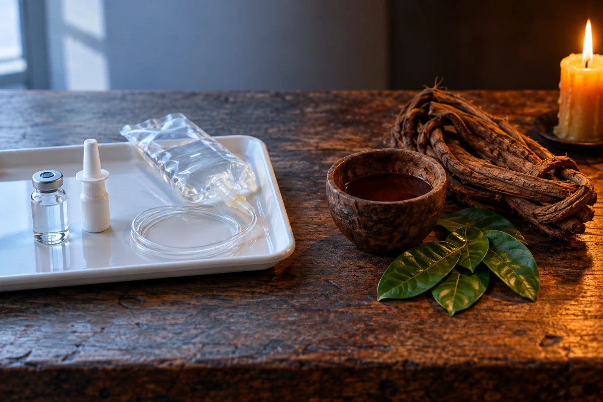 Ayahuasca vs ketamine: a medication vial and nasal spray beside a cup of ayahuasca brew and caapi vine