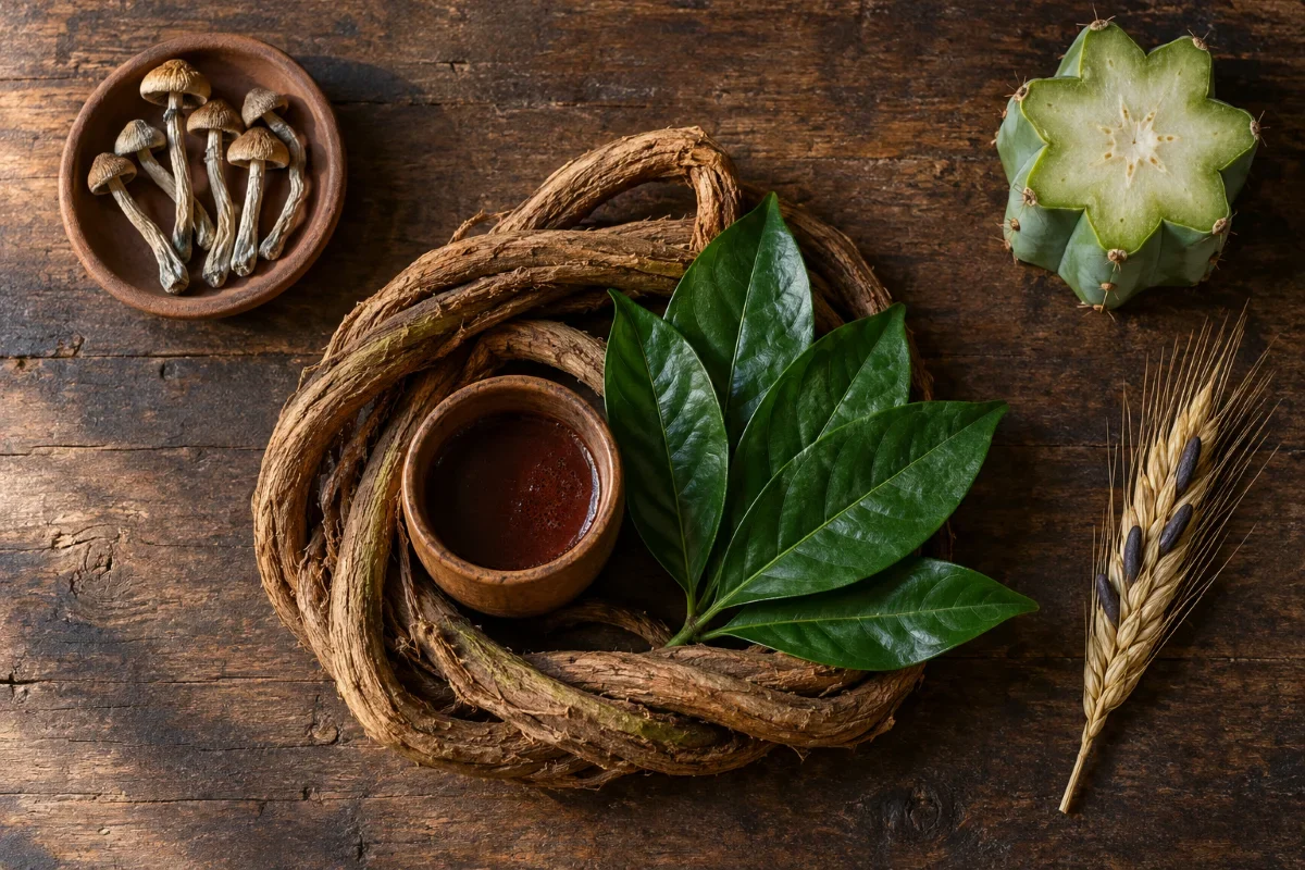 Ayahuasca vs other psychedelics: caapi vine, chacruna and brew beside dried mushrooms, San Pedro and ergot rye